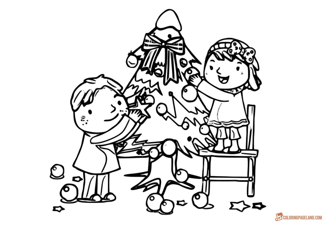 A boy and a girl decorate the Christmas tree